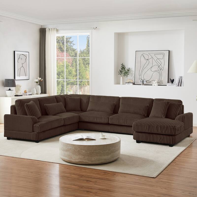U-Shaped Sectional Sofa with Chaise Lounge, Oversized Corduroy Upholstered Sofa, 5 Seater Sofa with Removable Throw Pillows