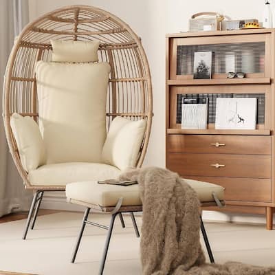 Rattan Wicker Egg Chair with Ottoman with Cushion for Balcony, Porch, Backyard