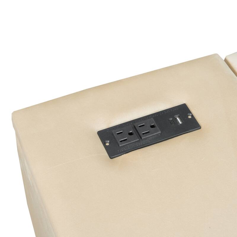 Full Size Upholstered Platform Bed with Storage, Desk, Charging Station, and Trundle in Beige