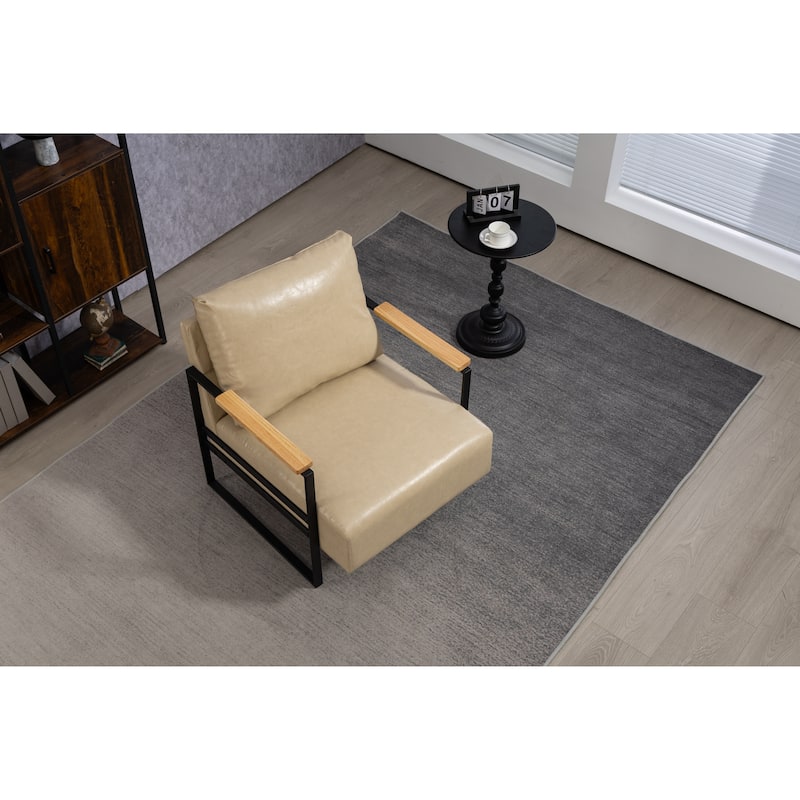 Khaki PU Modern PU Upholstered Accent Chair with Sturdy Metal Frame and Waist Cushion