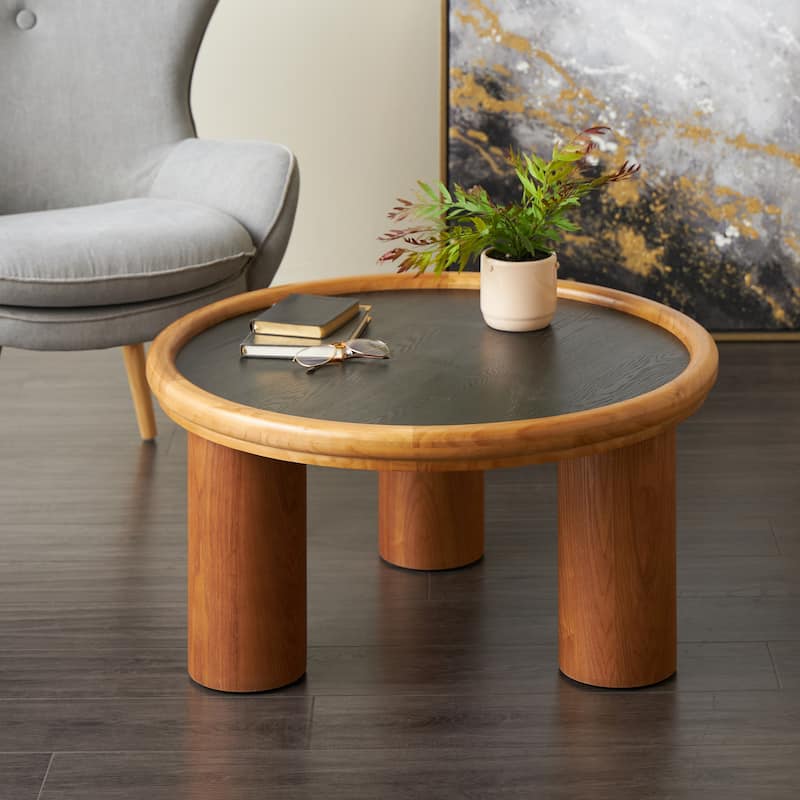 Wood Handmade Round Coffee Table with Black Tabletop - Brown - Roche River Decor