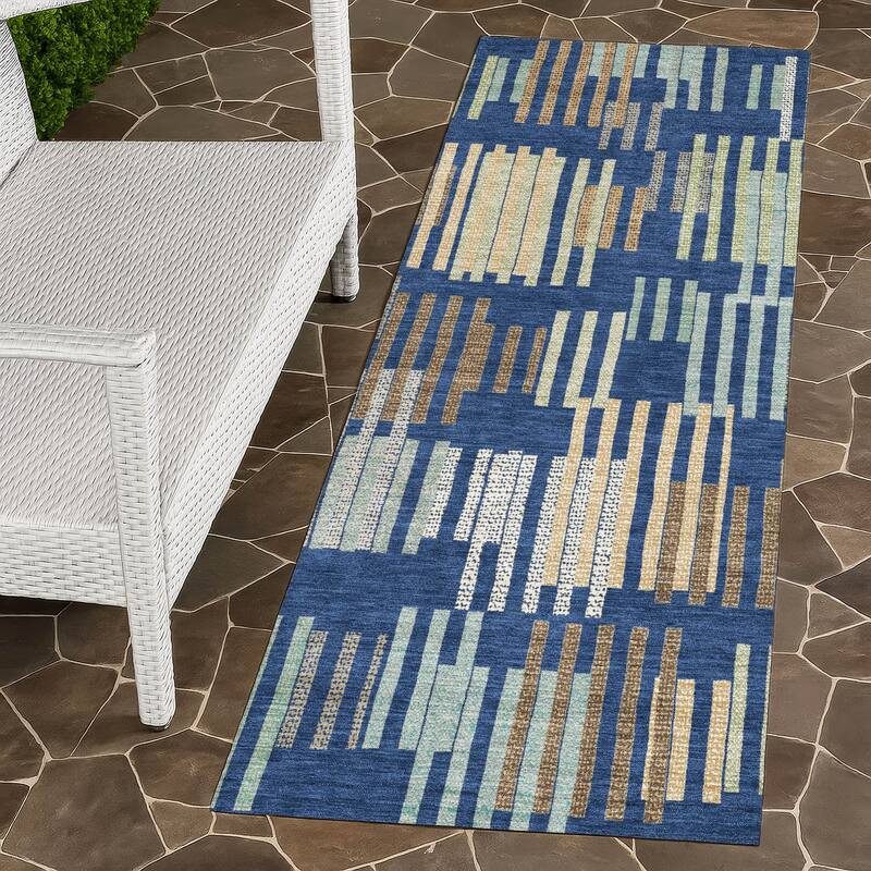 Machine Washable Indoor/ Outdoor Modern Pines Chantille Rug - Navy - 2'3" x 7'6"