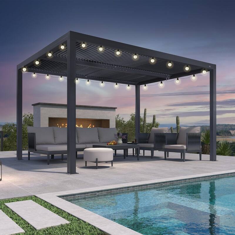 PURPLE LEAF Louvered Pergola with Solar Lights Hardtop Gazebo for Patio - 11' x 13' - Grey