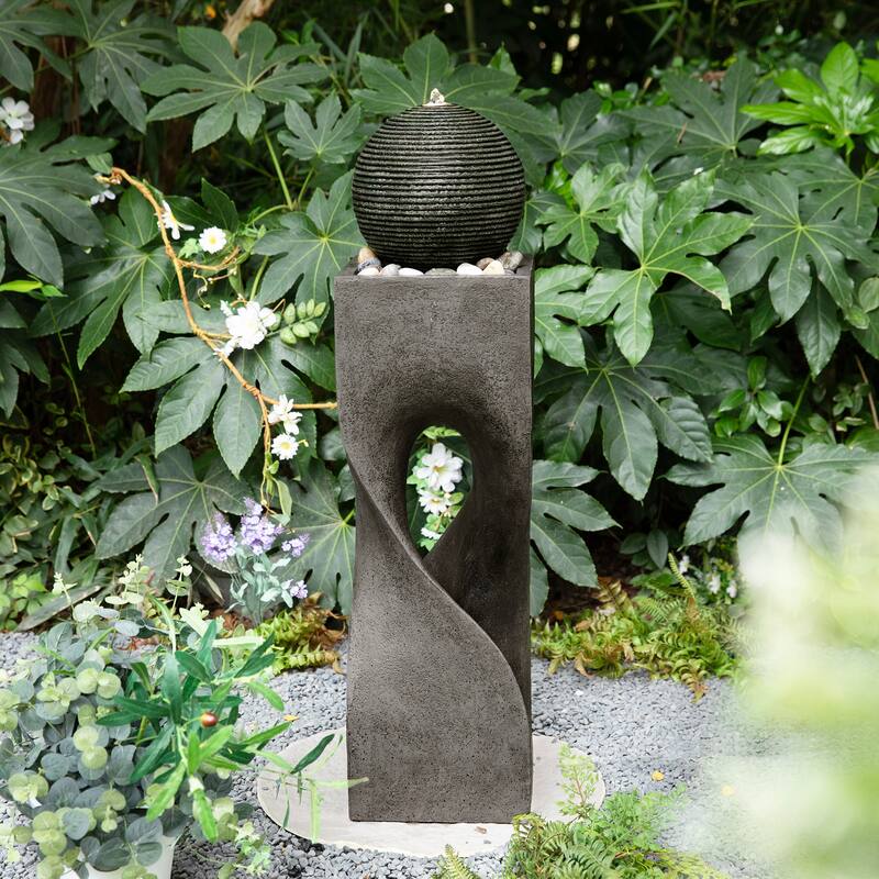 Glitzhome Modern Geometric Oversized Pedestal Sphere Polyresin Outdoor Floor Fountain with Pebbles