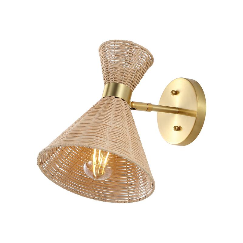 Kiawah 10" 1-Light Mid-Century Vintage Retro Rattan/Metal LED Sconce with Adjustable Shade, by JONATHAN Y - Brass Gold/Light Brown