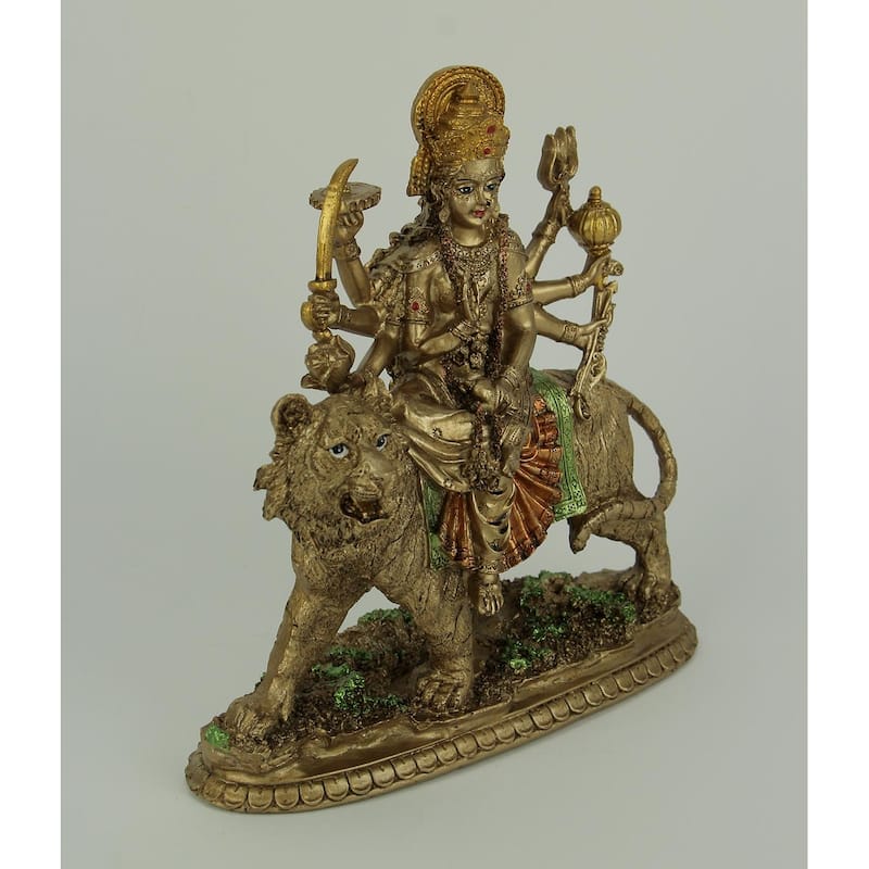 Durga Supreme Hindu Goddess Riding On Tiger Resin Statue 9.5 Inch - 9.5 X 9 X 3.5 inches