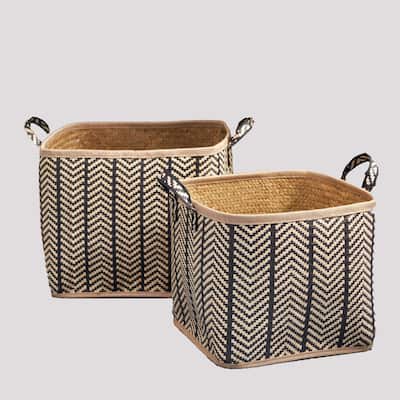 Isidore Square Palm Leaf Woven Wicker Storage Basket with Handles Set of 2