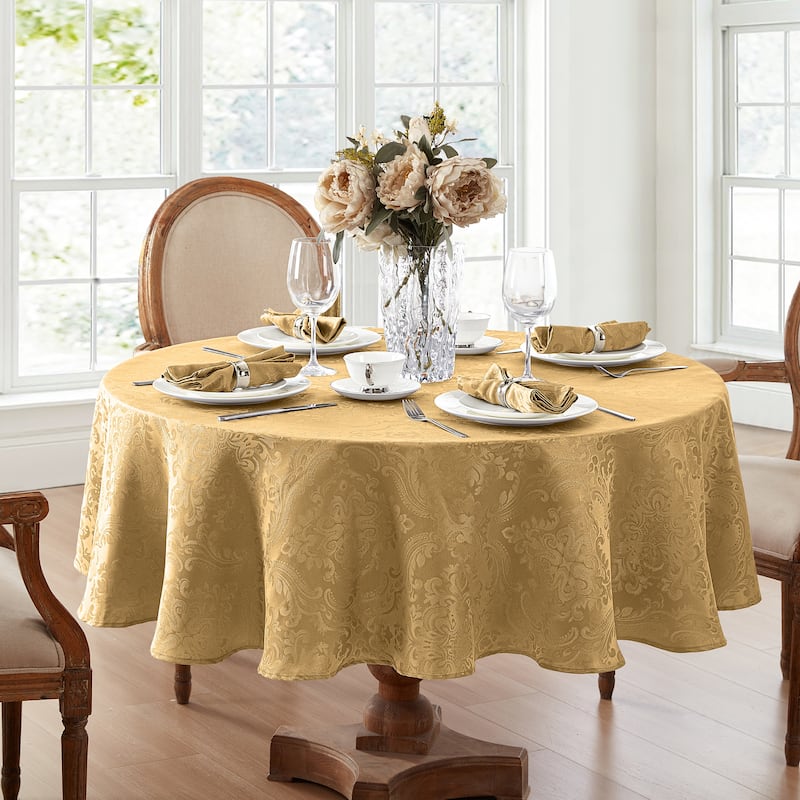 Caiden Elegance Damask Tablecloth - 90" Round - Gold