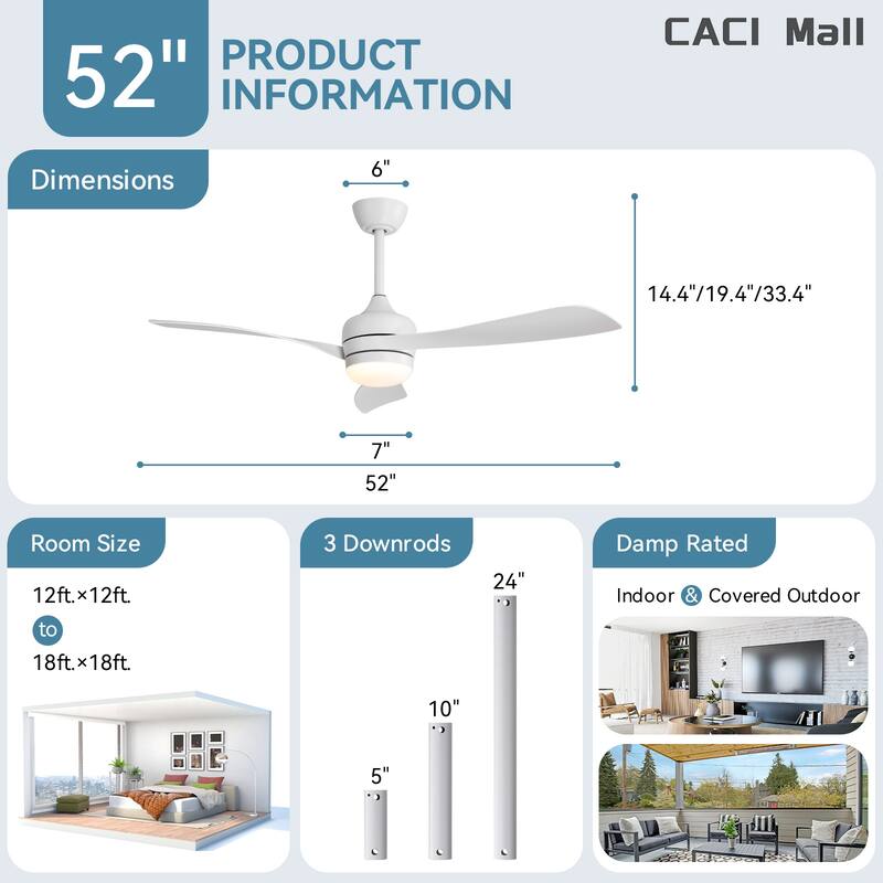 Sofucor 52 Inch Ceiling Fan With Light and Remote Brushed Nickel Low Profile Ceiling Fan 6 Wind Speed - 52in