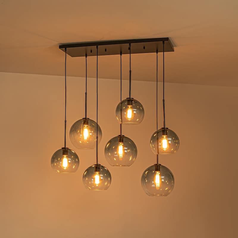 Glam 7-Light Tinted Gradual Blue Glass Globe Kitchen Island Chandelier