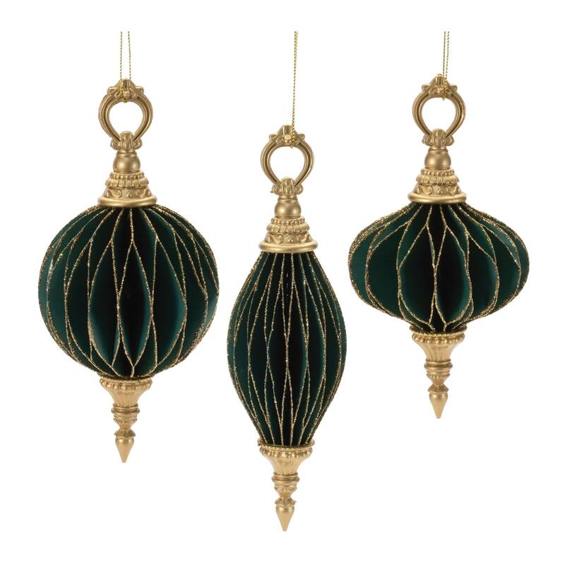 Glittered Folded Christmas Ornaments - 7.25" - Green and Gold - Set of 6