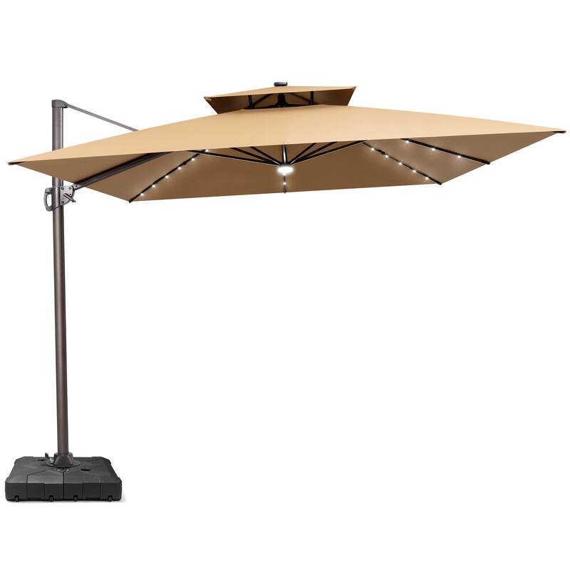 11 ft Solar Powered LED Aluminum Patio Cantilever Umbrella 360-degree Rotation with Weights Base - Tan