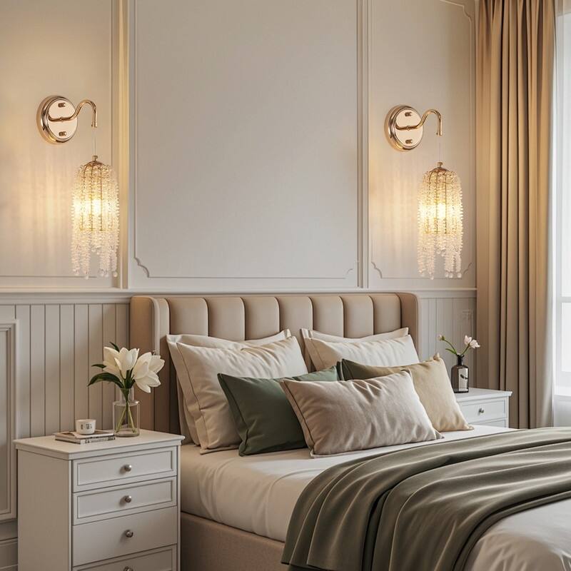 Set of 2 Gold Wall Sconces with Crystal Bead Strings Elegant Hanging Light Fixtures, E12 Socket (Bulbs Not Included)