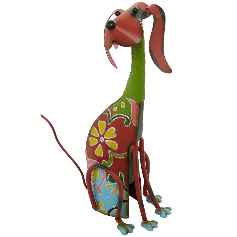 Multi Colored Metal Indoor Outdoor Dog Garden Sculpture with Floral Pattern