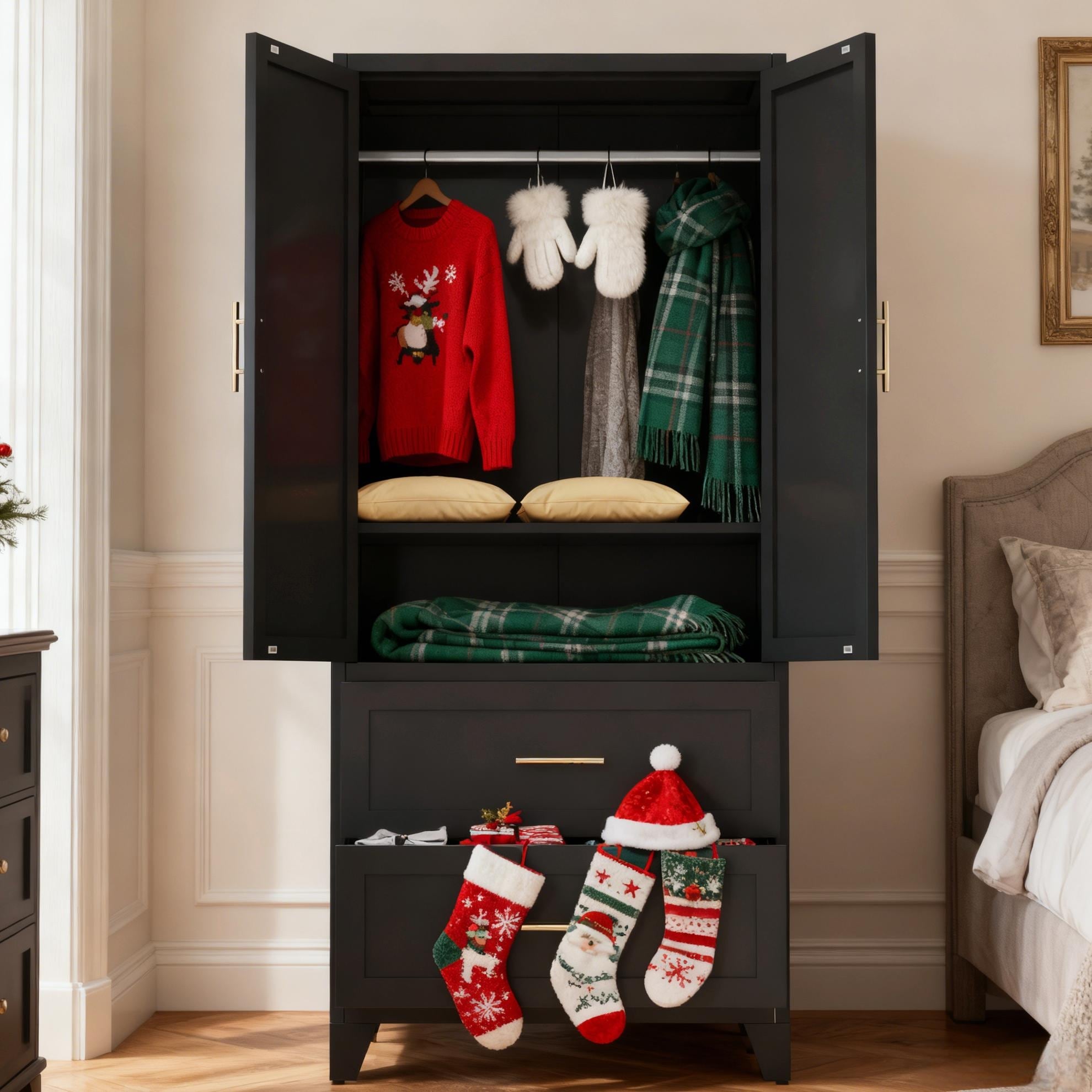 Tall Metal Wardrobe Cabinet, 2-Door Closet with Shelf