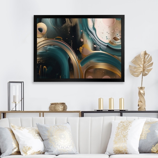 Designart "Gold And Green Marbled Euphoria Iv" Abstract Marble Framed Wall Art Prints