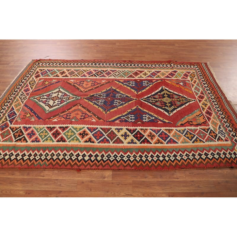 Orange Kilim Qashqai Persian Vintage Rug Flatweave Wool Carpet - 5'5"x 8'5"