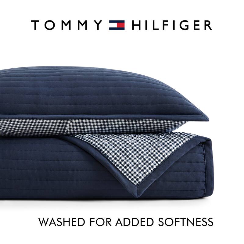 Tommy Hilfiger Solid/Gardena Check Reversible Blue Quilt Set