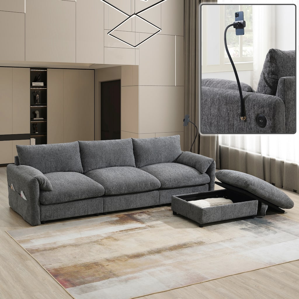 96.5" Chenille L-Shaped Sofa with Storage Ottoman & USB Charger
