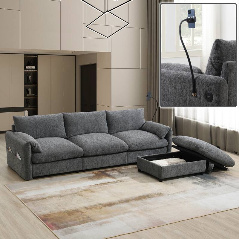 L Shaped Chenille Sectional Sofa with Storage Ottoman, Pockets, USB