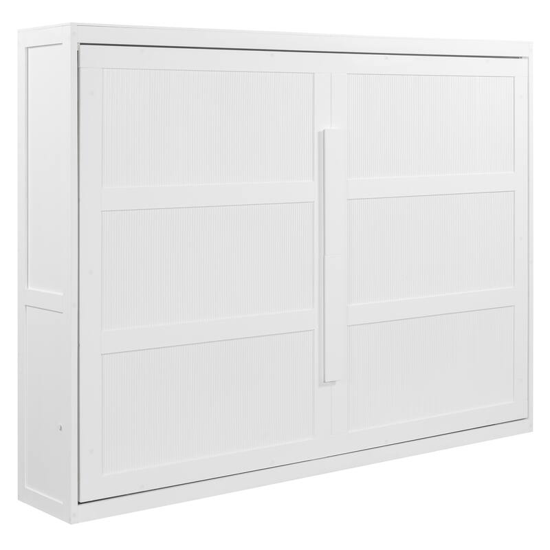 White Queen Murphy Bed with LED Lighting, Modern Wall Bed, No Box Spring Needed