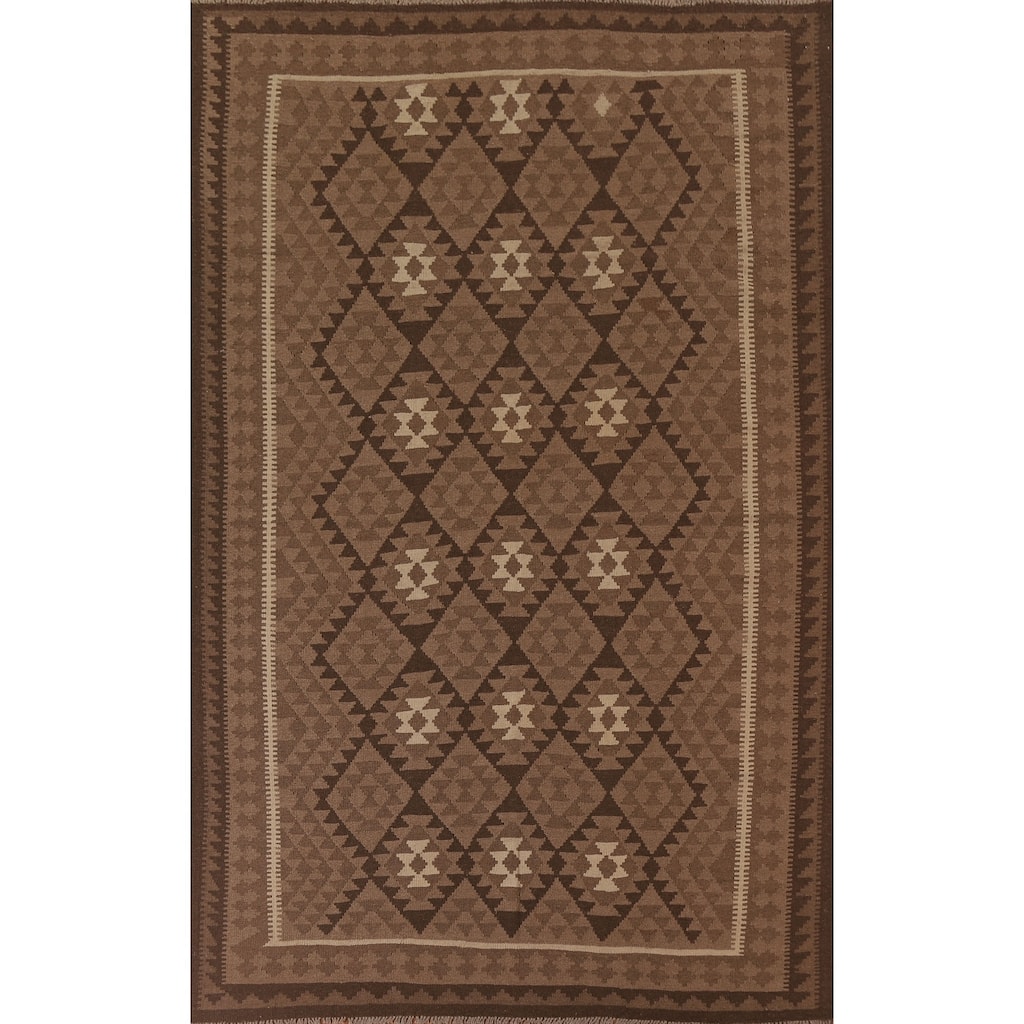 Hand Woven Oriental 100% Wool Carpet Southwestern Geometric Brown Kilim Area Rug - 9' 4'' X 6' 11''