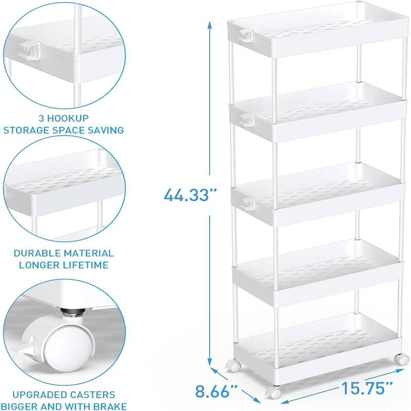 5 Tier Storage Cart Organizer Rolling Utility Cart - 8.66"D x 15.75"W x 44.33"H