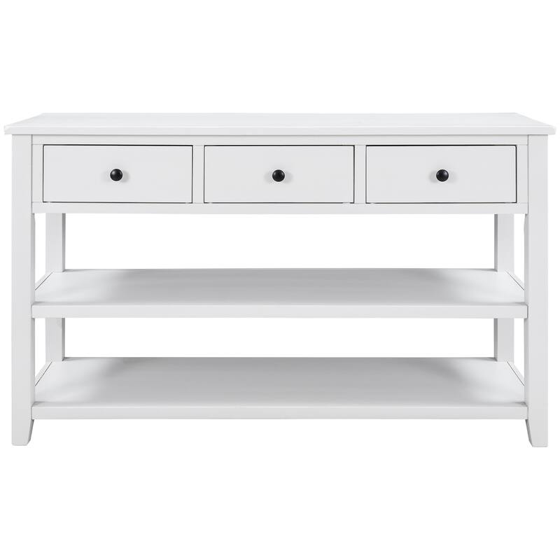 Retro Design Console Table with Two Open Shelves, Pine Solid Wood Frame and Legs