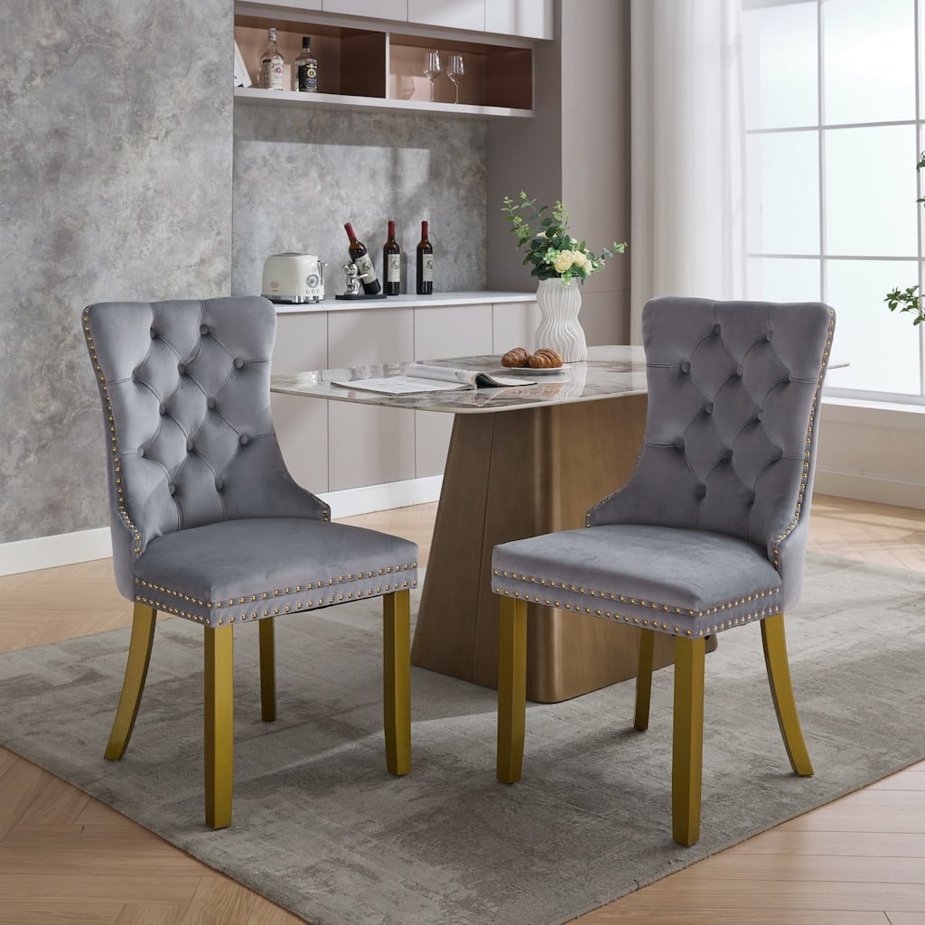 High-end Tufted Solid Wood Contemporary Velvet Upholstered Dining Chair with golden Wood Legs Nailhead Trim 2-Pcs Set