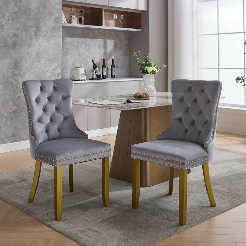 Nikki Collection Modern, Contemporary Velvet Upholstered Dining Chair with golden Wood Legs Nailhead Trim 2-Pcs Set - Light Gray