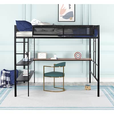 Black Full Size Metal Loft Bed with Desk, Shelves, and Guardrail