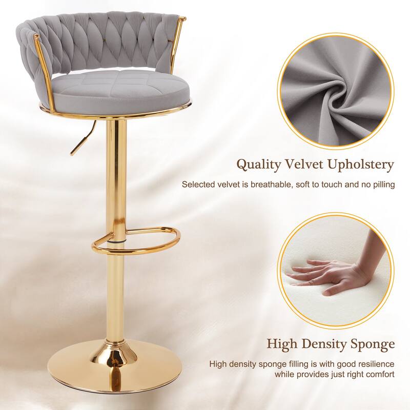 Javlergo Bar Stools Set of 4, Velvet Swivel Bar Stools, Adjustable Height Barstool with Woven Back & Footrest