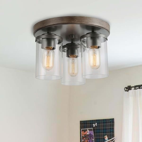 Modern Rustic 3 Lights Metal Faux Wood Flush Mount Ceiling Lights With Glass Shade D11 8 X H8 3 Overstock 32331942