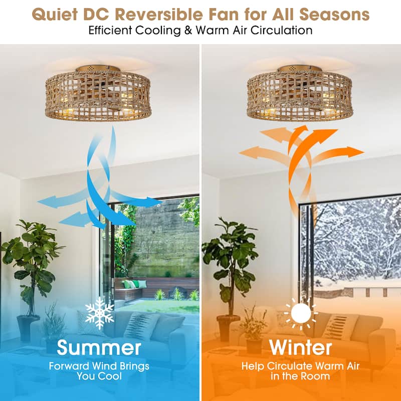 17.7" Natural Corn Straw Rope Gold Fandelier Flush Mount Ceiling Fan with Remote and App