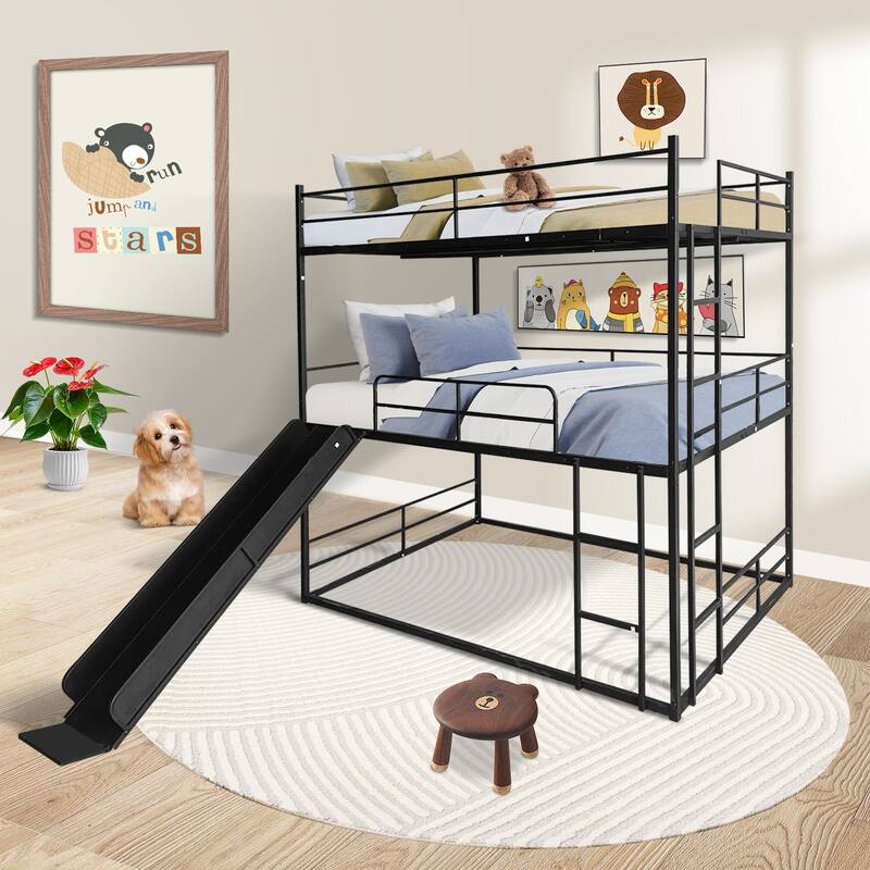 Twin Size Metal House Loft Bed with Slide and Ladder - Black
