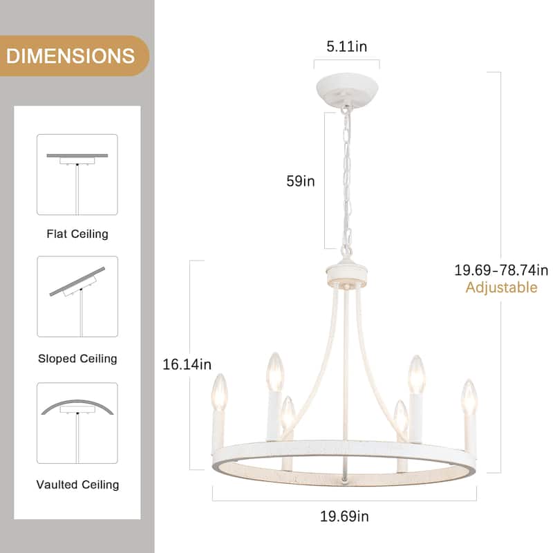 6-Light Farmhouse Candle Circle Hanging Wagon Wheel Chandelier Lighting for Kitchen Island