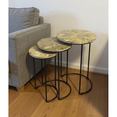 HomeRoots Set of Two Natural and Black Solid Wood and Metal Round Frame Nested Tables - 17.5 in. x 25 in. x 17.5 in.