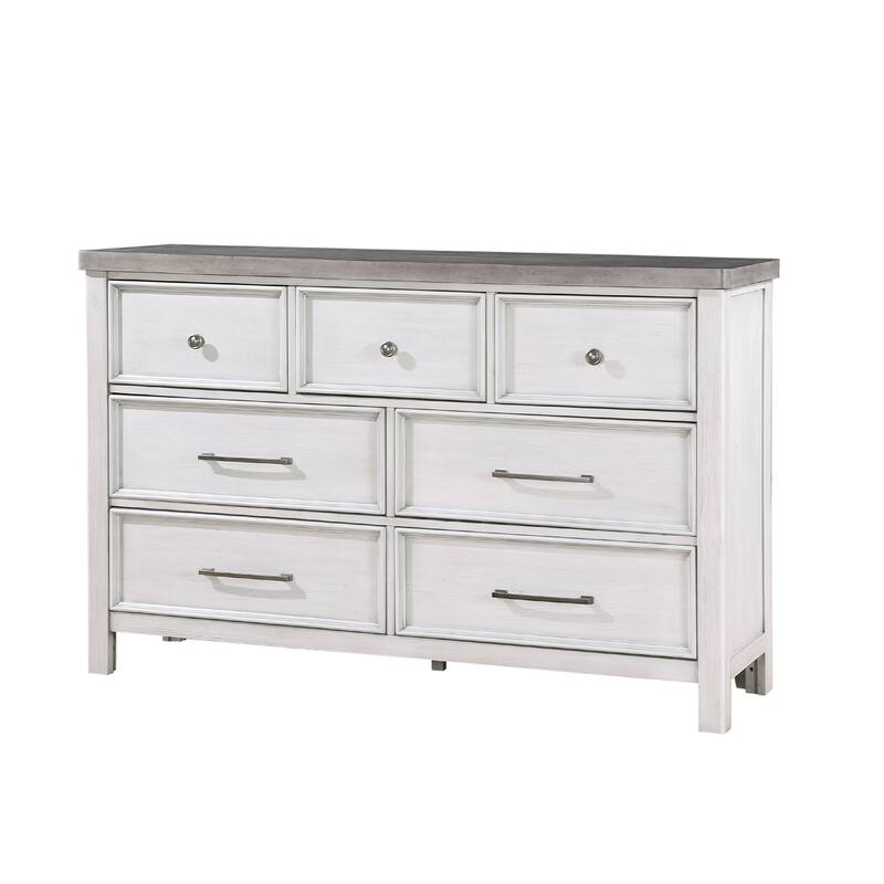 Amby Dresser, 62 Inch, 7 Drawers, Farmhouse White Gray Acacia Wood