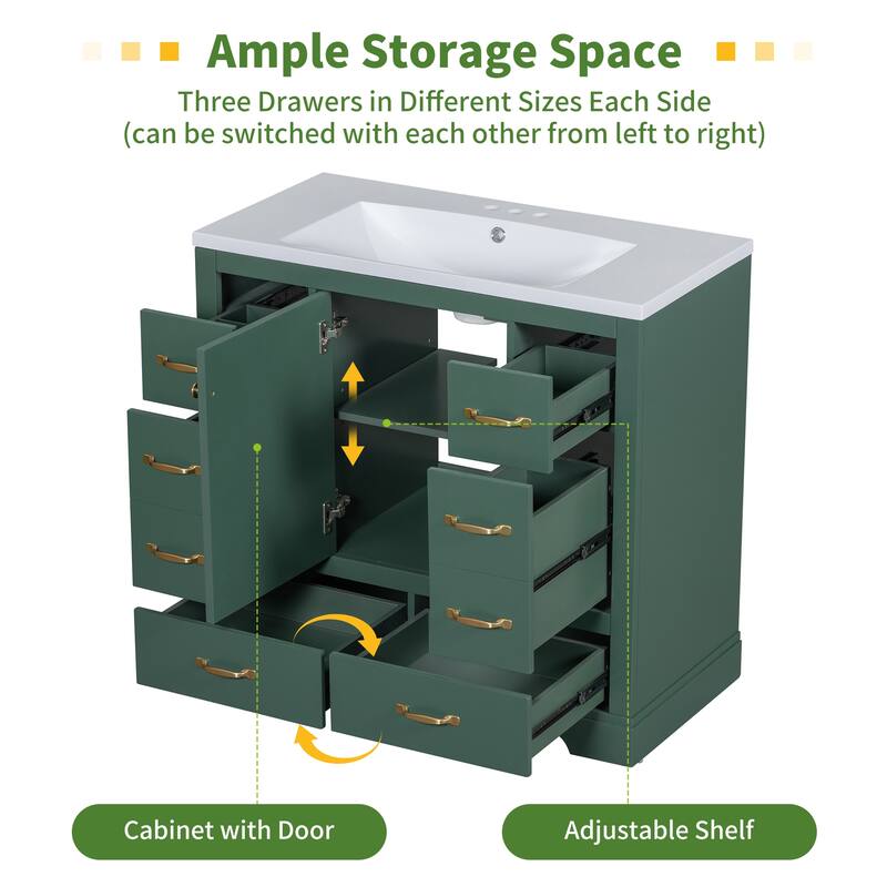 36" Bathroom Vanity without Sink, Cabinet Base Only, Six Drawers, Multi-Functional Drawer Divider, Adjustable Shelf, Green