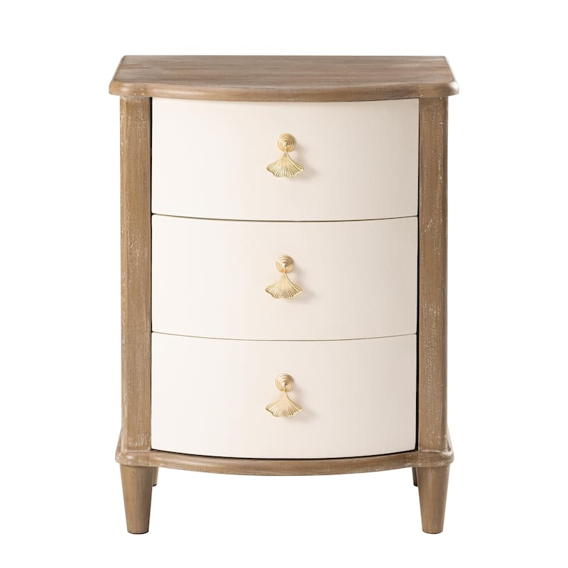 COZAYH Elegant 3-Drawer Nightstand with Gold Leaf Handles, Vintage Curved Front Design, Distressed Finish