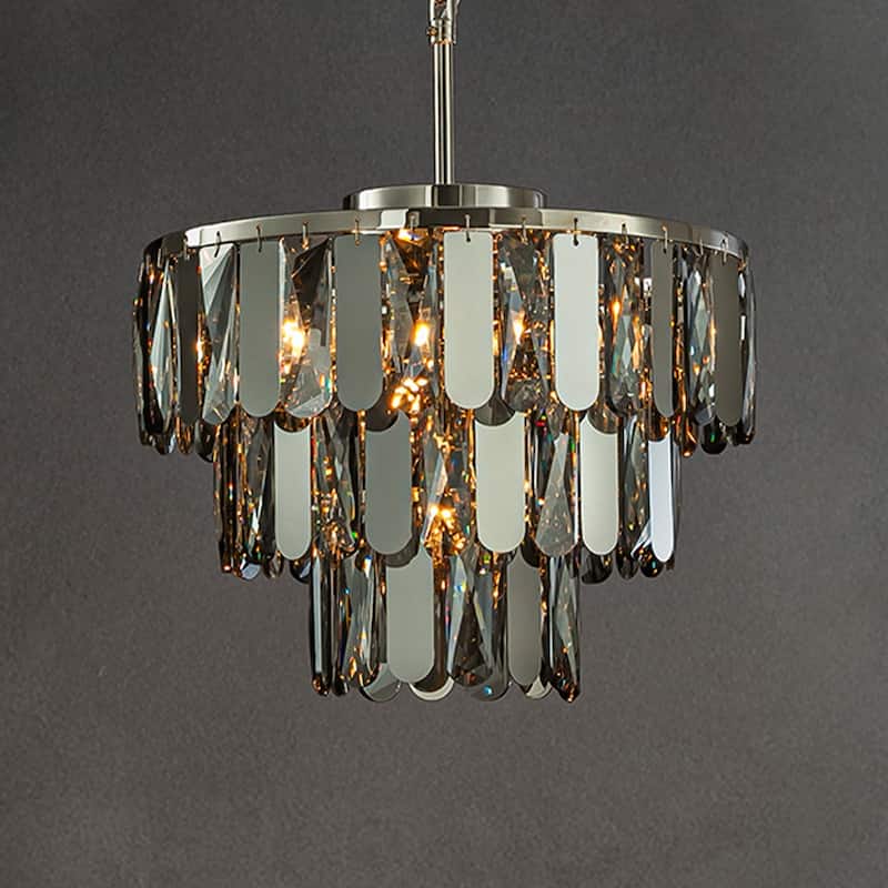 Dimmable Modern Smoked Crystal Chandelier Contemporary Round Polished Nickel Pendant Light Fixture for Dining Room Bedroom