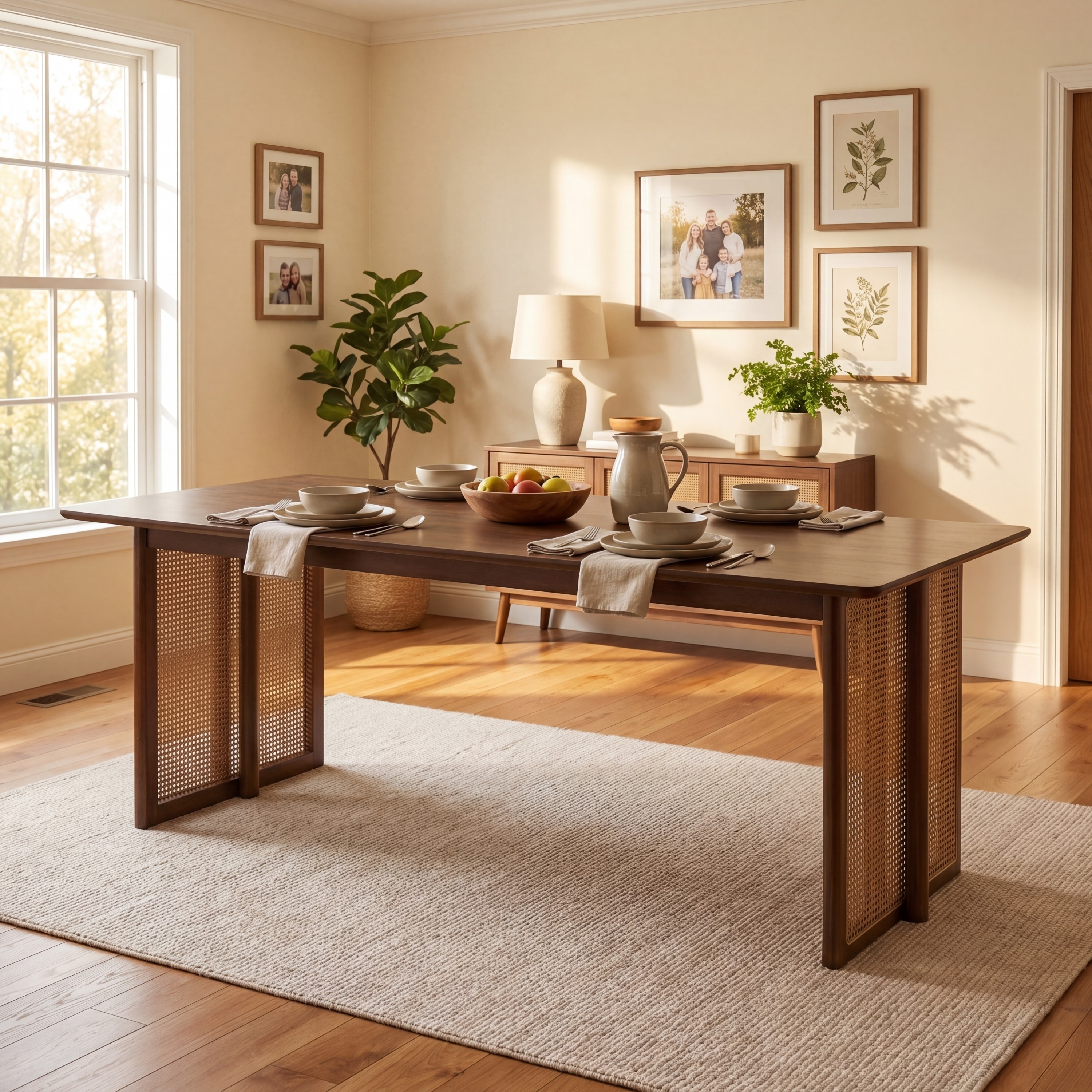 Christopher Knight Home - Marlow Dining Table Rubber Wood with Coffee Rattan Accents for 6-Person Seating