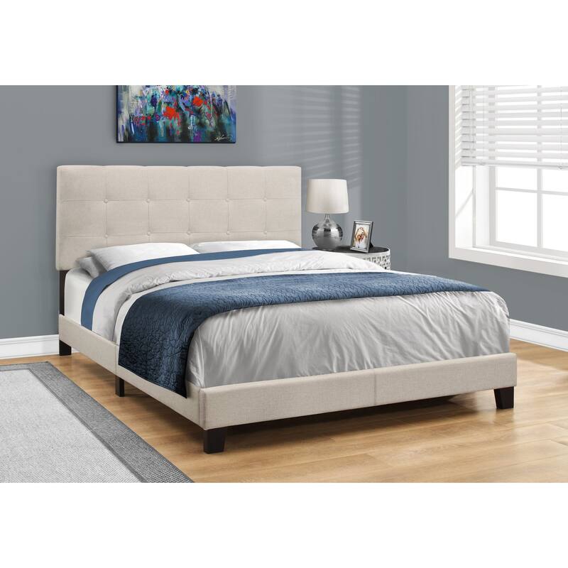 Queen Size Upholstered Bed Frame with Tufted Headboard and Black Wood Legs