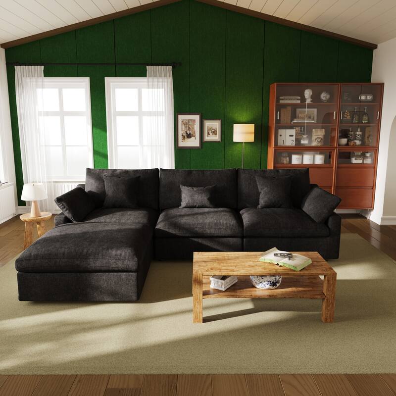 119'' L-shape Linen Fabric Upholstered Sectional Sofas with Ottoman