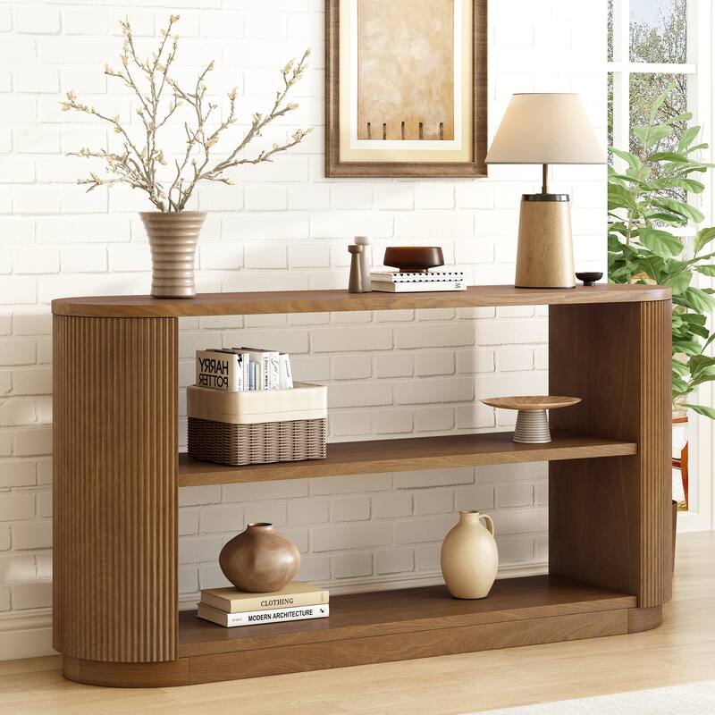 58.9" Wooden Entryway Console Table with Triple Tier Open Storage Shelves, Living Room Vertical Striped Sofa Table with Oval Top