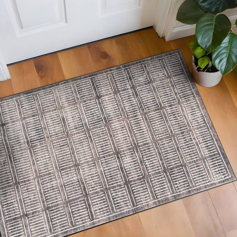 World Rug Gallery Bohemian Stripe Lines Washable Non Slip Area Rug - Brown - 2'x4'