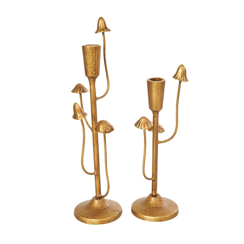 Metal Abstract Mushroom Inspired Candle Holder - Set of 2 Gold - Roche River Decor - 3"W x 4"L x 11"H