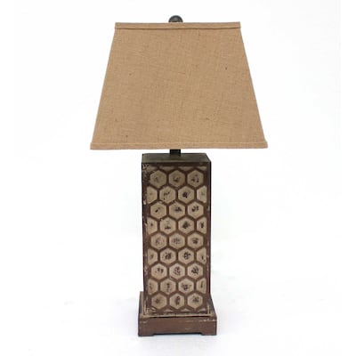 29" Large Distressed Brown Wooden Table Lamp with Empire Linen Shade for Bedroom or Living Room - 28.5" H x 7" W x 7" D