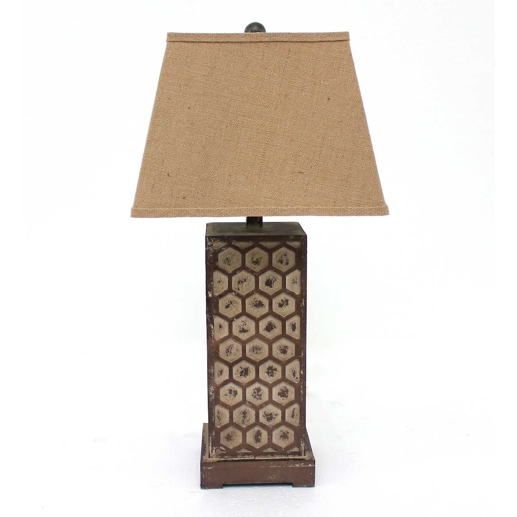 29" Large Distressed Brown Wooden Table Lamp with Empire Linen Shade for Bedroom or Living Room - 28.5" H x 7" W x 7" D