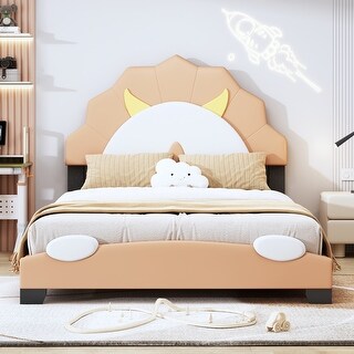Lion-Shaped Upholstered Platform Bed Frame Leather Low Profile Bed with Headboard and Footboard, Beautiful Gift for Kids